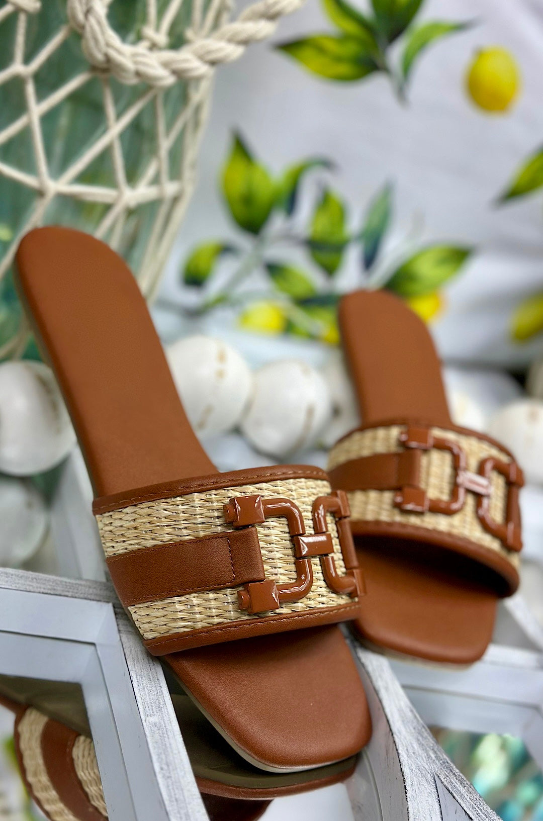 Raffia Square Toe Slip On Sandals