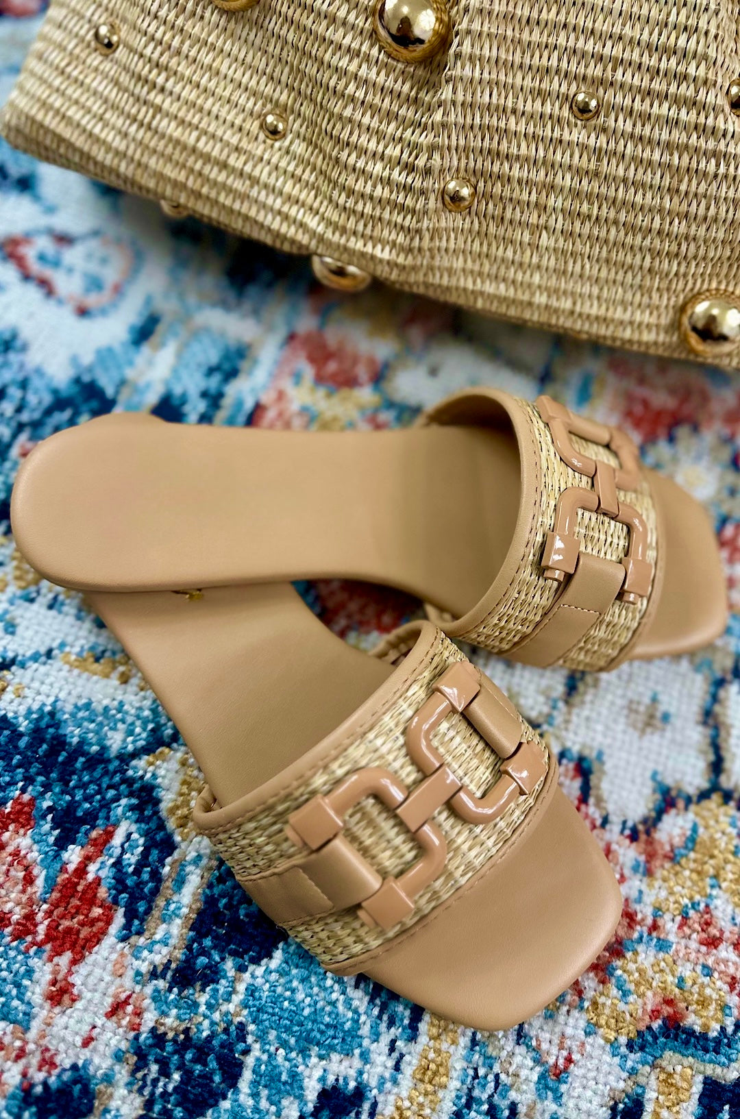 Raffia Square Toe Slip On Sandals