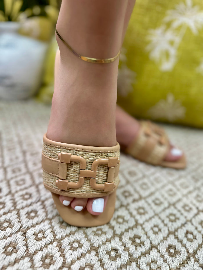 Raffia Square Toe Slip On Sandals