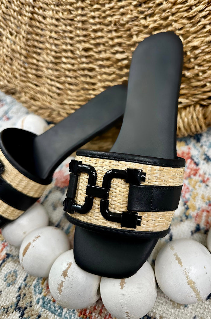 Raffia Square Toe Slide Sandals