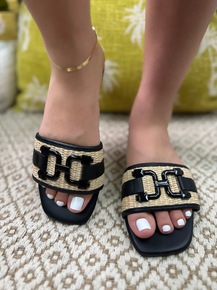 Raffia Square Toe Slide Sandals