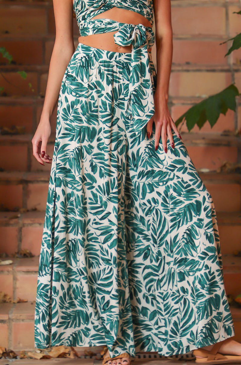 Leaf Print Wide-Leg Pants